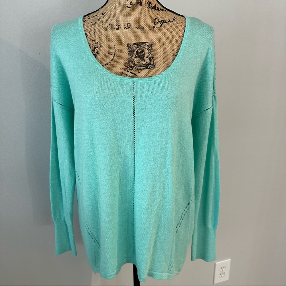 NWOT Jennifer Lopez Mint Color Silver Shimmer High Low Long Sleeve Tunic Sweater